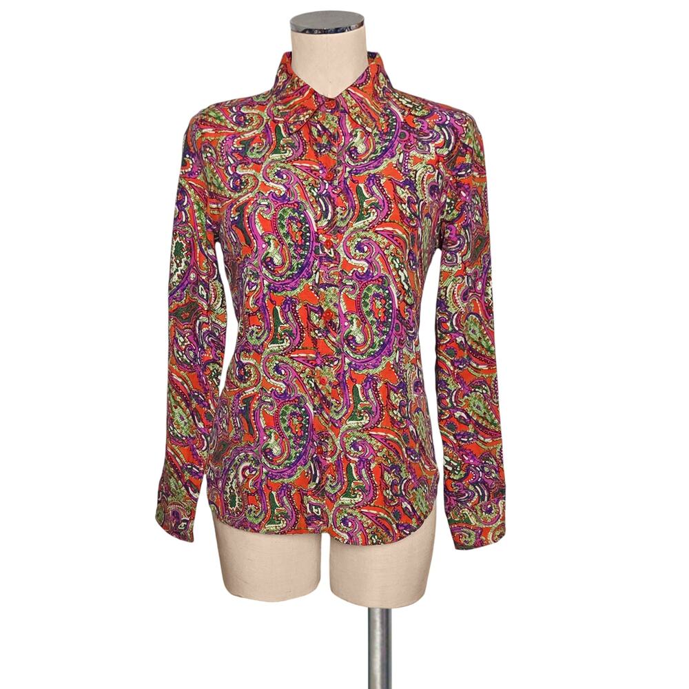 WINTER SILKS Orange Print Paisley Print Cotton Silk Button Up Shirt Top Blouse S